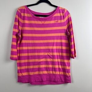 Y2K Women's Hollister 3/4 Sleeves Casual Shirt Orange & Pink Striped Size Medium